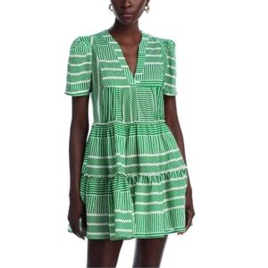 Aqua Green and White Striped Tiered Ruffled Mini Dress Size Medium